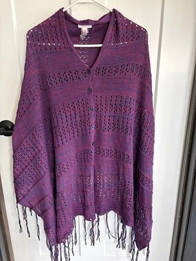 LuLaRoe Purple Openwork Button-Front Poncho with Fringe